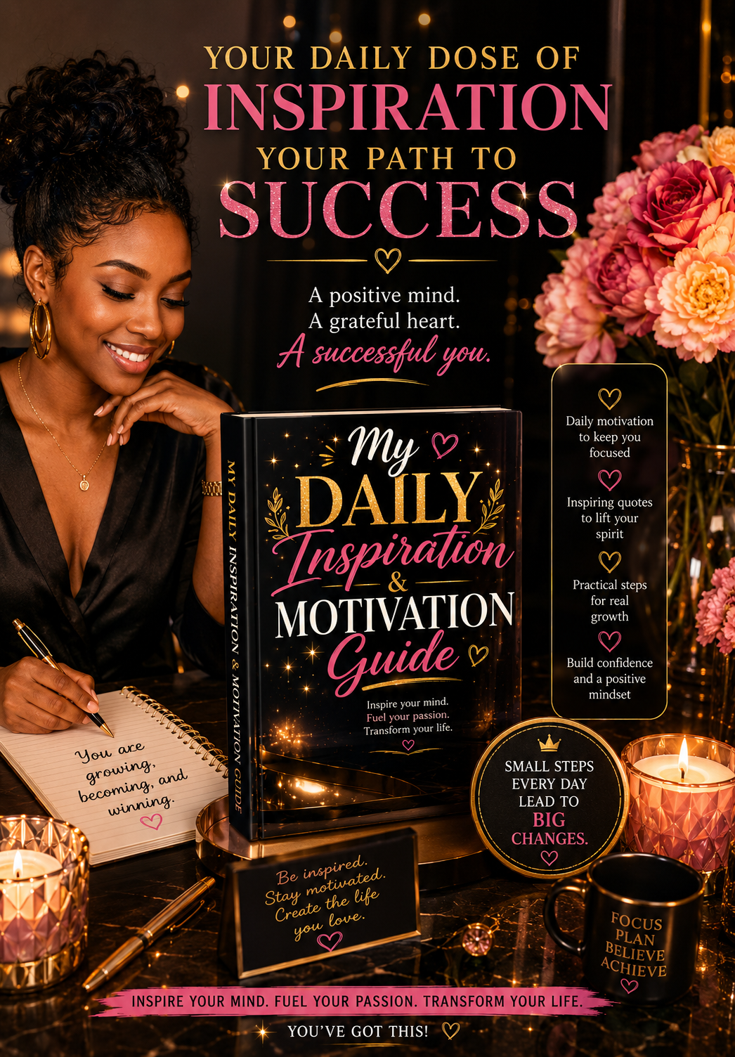 The guide displayed on a desk with candles, flowers and a journal