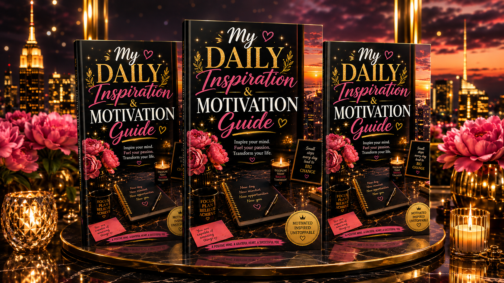 Three copies of My Daily Inspiration & Motivation Guide against a city skyline